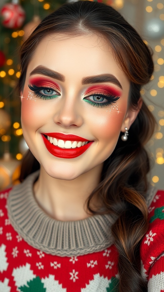 Festive Christmas makeup with red and green eyeshadow, gold highlighter, and red lipstick.